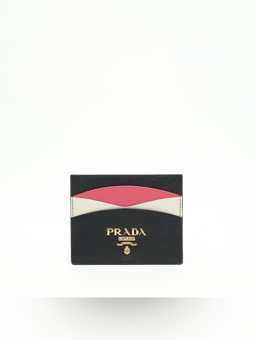 Prada Saffiano Leather Card Holder Black Pink White Gold Logo